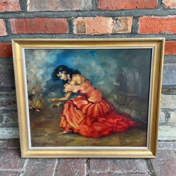 Vintage oil painting of a Spanish dancer in a red dress.