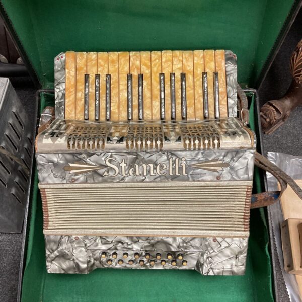 Vintage Stanelli piano accordion in a green carrying case.