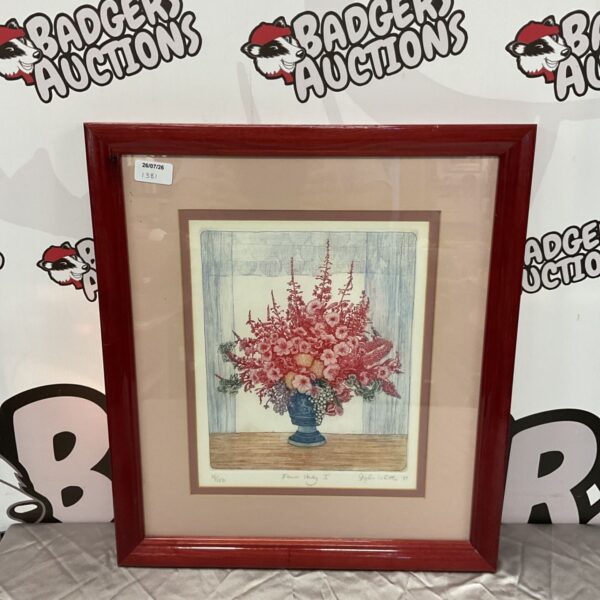 Limited edition Stephen Whittle etching of a detailed flower study.