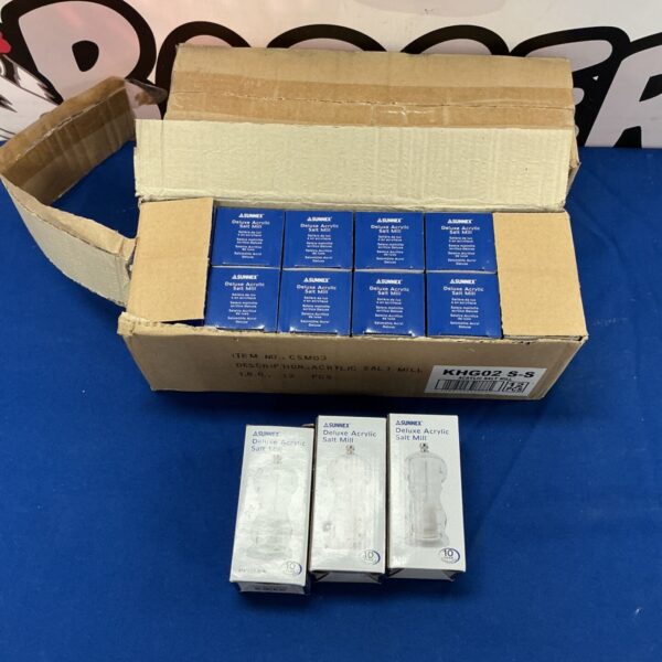 Two boxes of Sunnex Deluxe Acrylic Salt Mills, model 303.