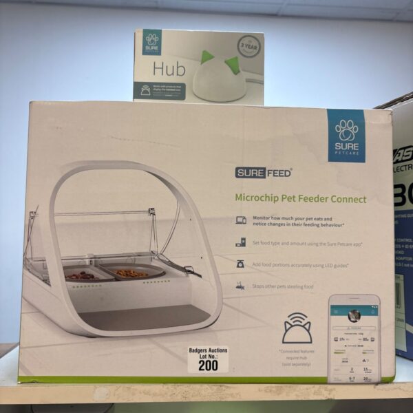 Sure Petcare microchip pet feeder with Sure Hub for controlled feeding.