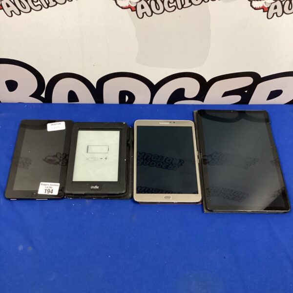 Mixed lot of four tablets including Samsung and Amazon Kindle devices.