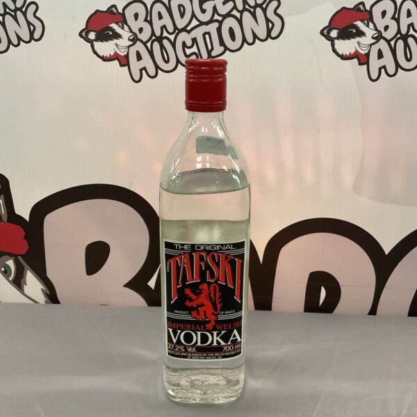 Clear bottle of Tafski Imperial Vodka, product of Wales.