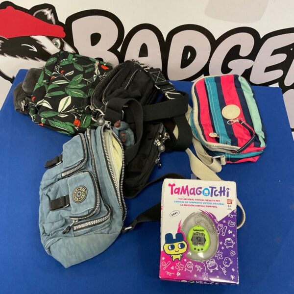 Vintage Tamagotchi bag lot with colourful 90s style accessories.