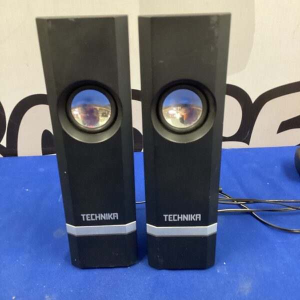 Black Technika PC speakers, a pair for computer audio.