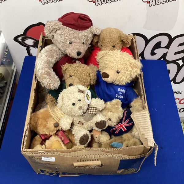 Mixed lot of vintage teddy bears including a Harrods bear.