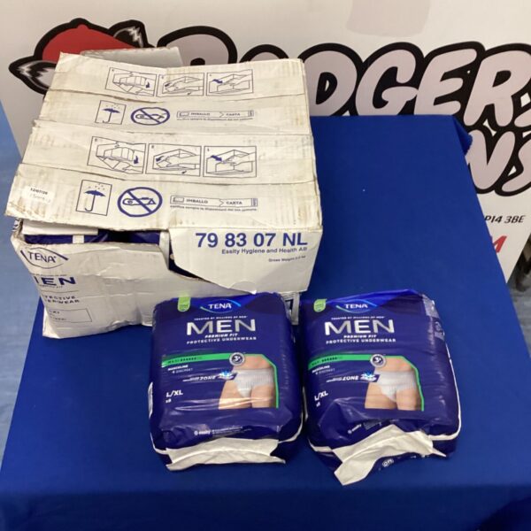 Box of Tena Premium Fit protective underwear for men, size L/XL.