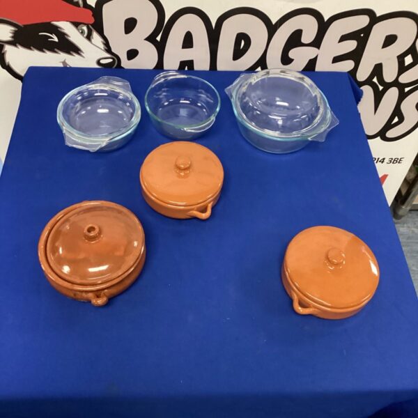 Vintage terracotta and pyrex dishes lot for kitchen use.