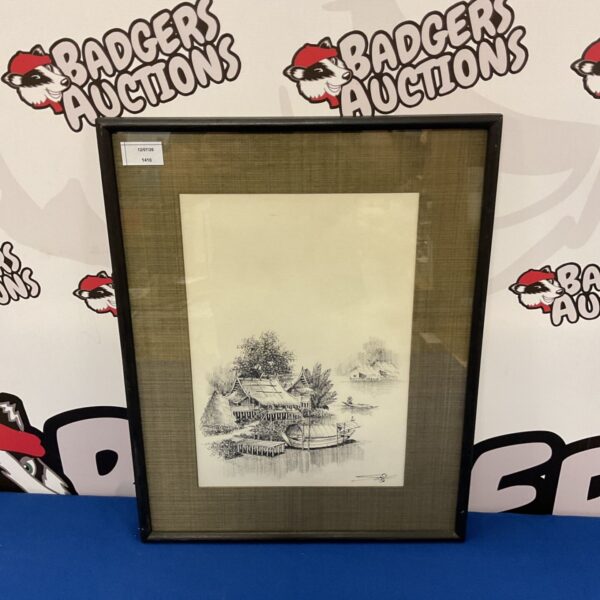 Signed pen and ink artwork of a Thai fishing village scene.
