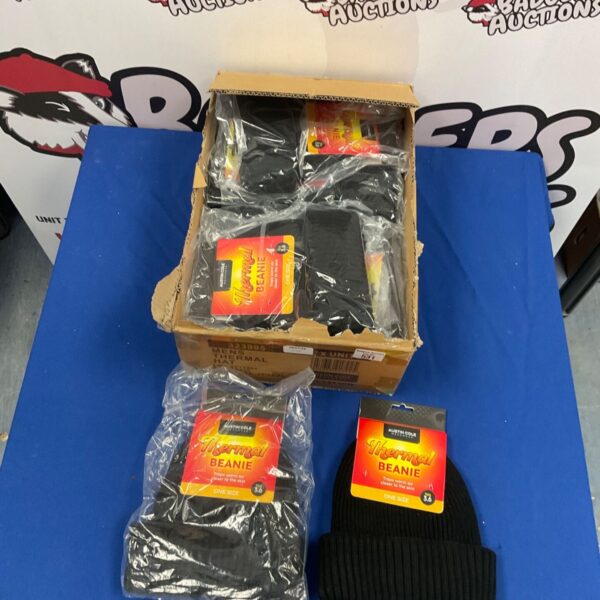 Box of new thermal beanie hats for winter warmth.