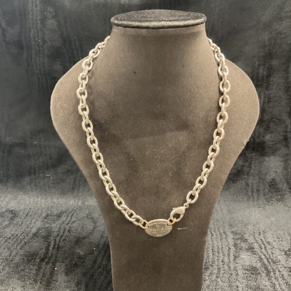 Tiffany & Co silver necklace displayed on a mannequin.