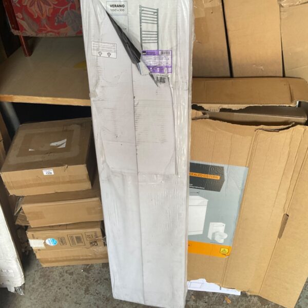 Chrome Verano 1200x300 towel rail heater in original packaging.