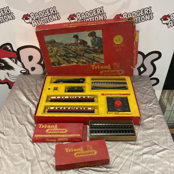 Vintage Triang Railways train set in original box, collectible model railway.