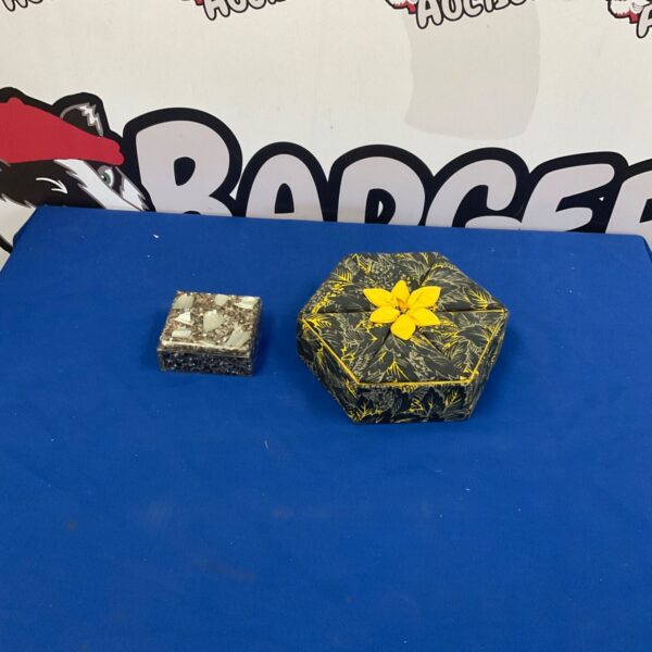 Vintage trinket boxes, one mosaic and one floral, for jewellery storage.