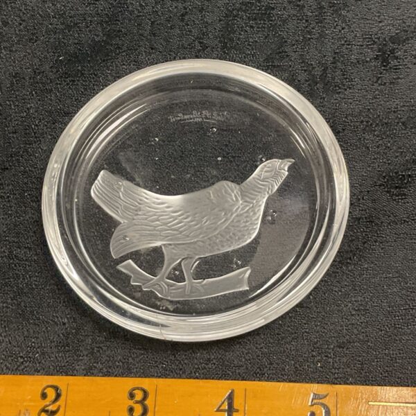 Antique Val St Lambert crystal wine coaster with etched game bird.