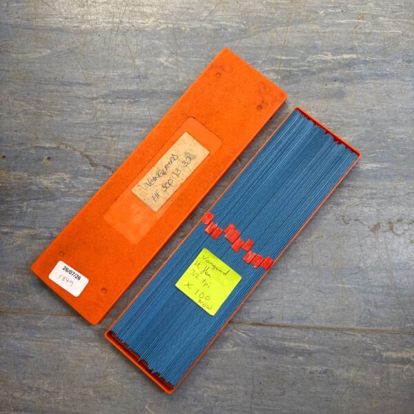 Box of 100 new Vanguard Hi Flex 32 TPI hacksaw blades for metal cutting.