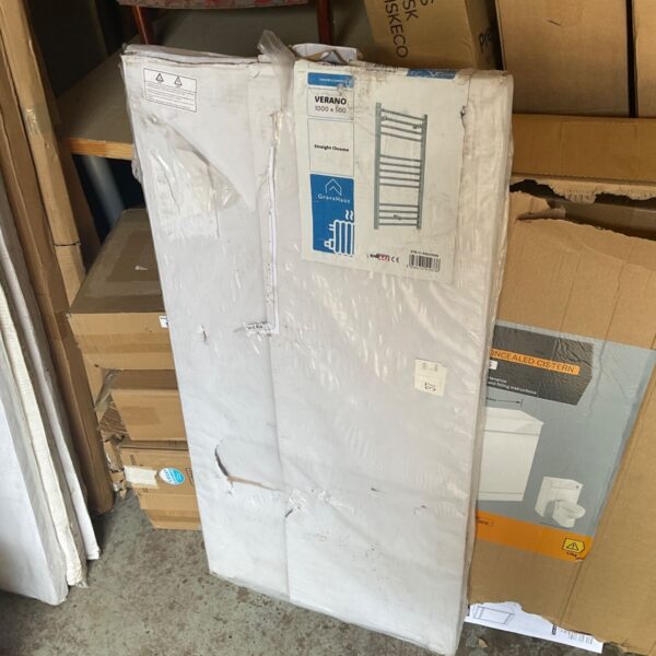 Chrome Verano 1000x500 towel rail heater in packaging.