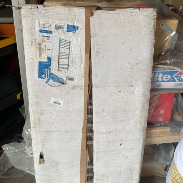 Verano 1200x600 chrome tower heater in original packaging.