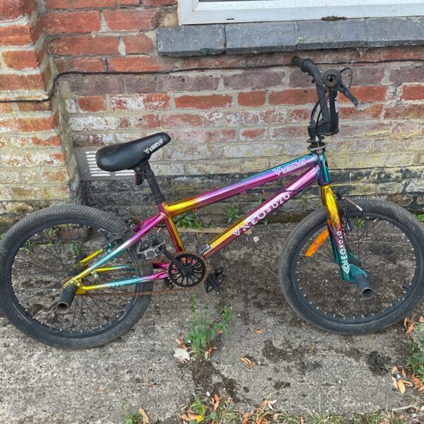 Multicoloured Verve BMX bike with stunt pegs.