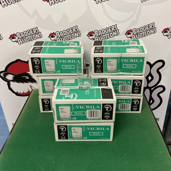 Stack of boxed Vicrila Merlot tempered glasses ready for auction.
