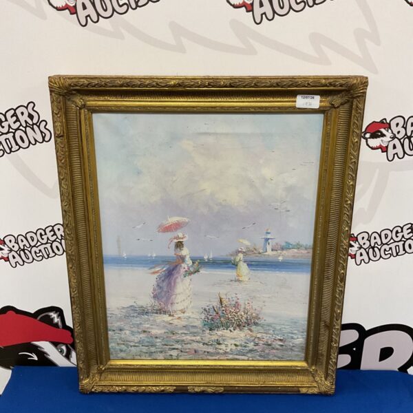Victorian beach oil painting by Marie Hurly with a lighthouse.
