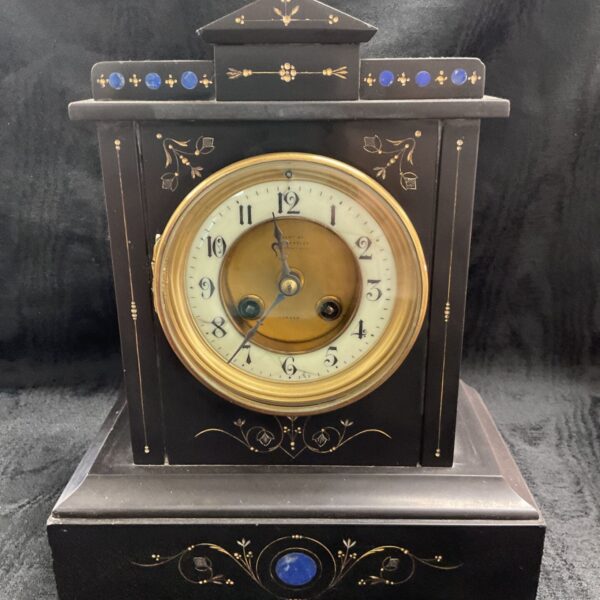 Victorian French slate mantle clock with lapis and gilt details.