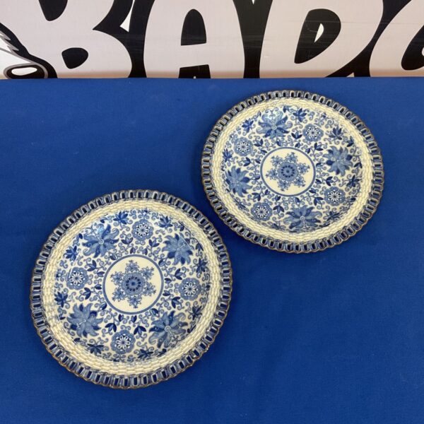 Pair of antique Victorian pierced blue and white plates.