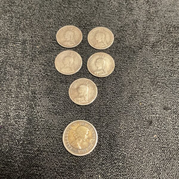 Victorian silver 3d coins and Canadian 10 cents coin lot for collectors.