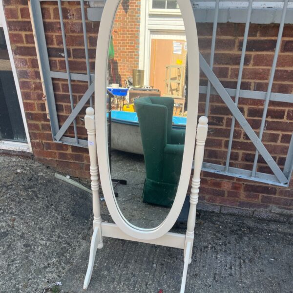 White Vida Designs Nishano cheval mirror, full length swiveling design.