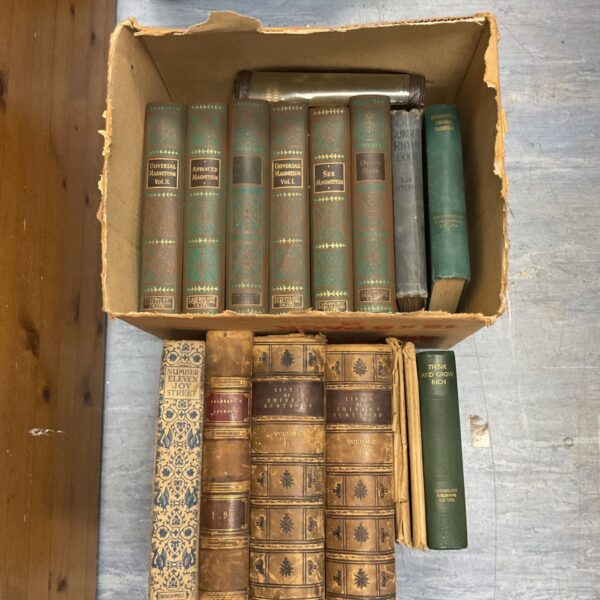Vintage book collection featuring lives of eminent scotsmen and sex magnetism.