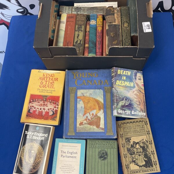 Overview of a vintage book lot with titles like King Arthur and Young Canada.