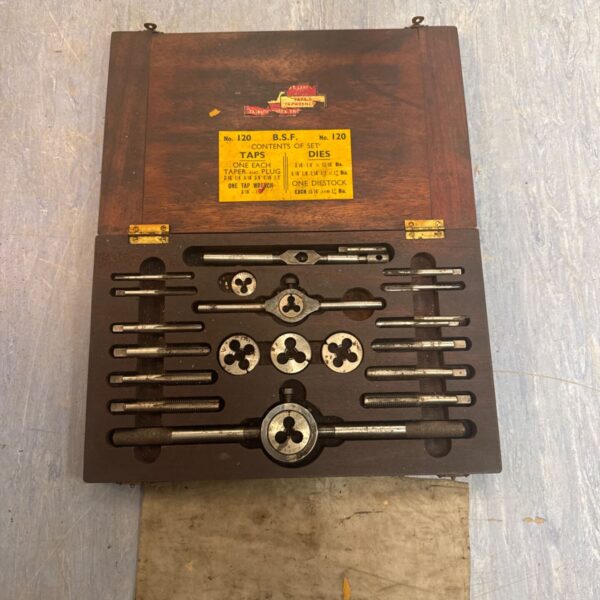 Vintage BSF No. 120 tap and die set in wooden case.