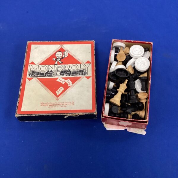 Vintage chess set and Monopoly board game, classic retro games.