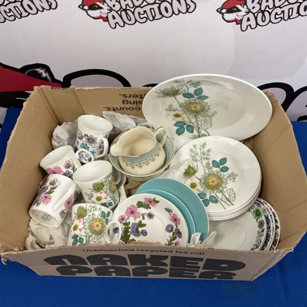 Vintage china collection featuring Hostess Hi Summer and Elizabethan Meadow Flower patterns.
