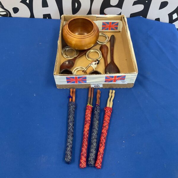 Vintage lot of chopsticks and carved wooden box with curios.