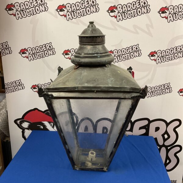 Vintage copper street lamp head with verdigris patina.