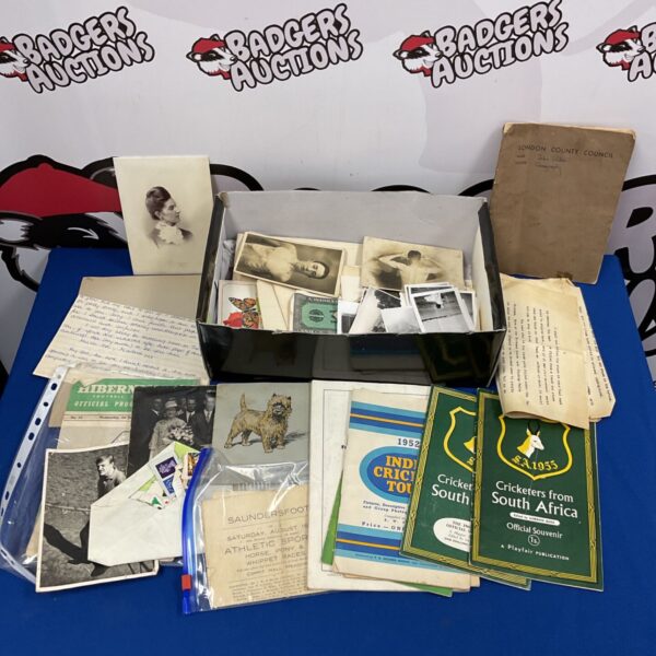 Vintage cricket programmes and photographs in a mixed ephemera lot.