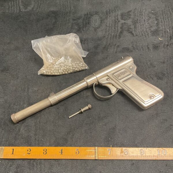 Vintage Diana Model 2 chrome BB gun, side view.