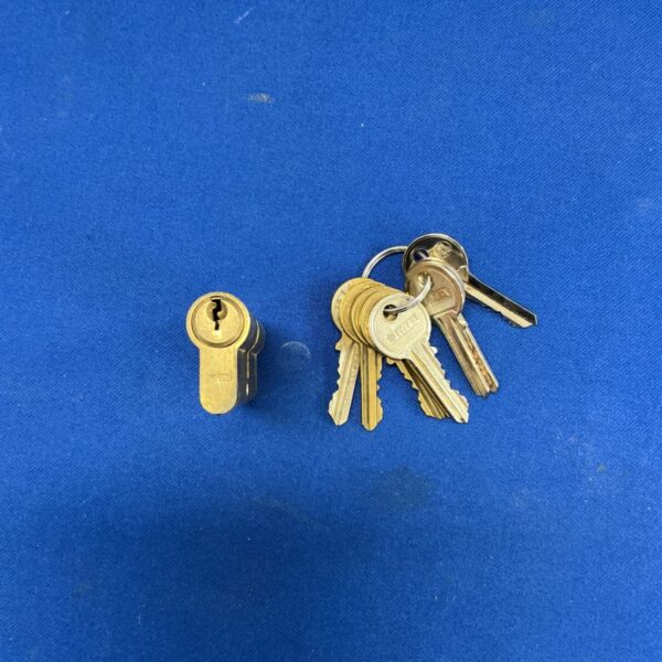 Vintage door lock with eight accompanying keys for security.