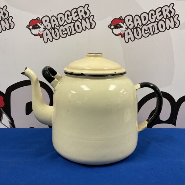 Cream enamelled teapot with black handle, vintage kitchenalia.