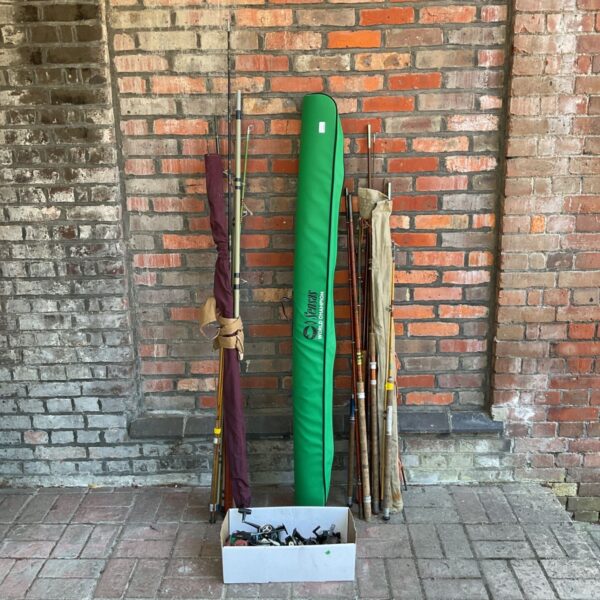 Vintage fishing rods and reels lot with green Allcock bag.