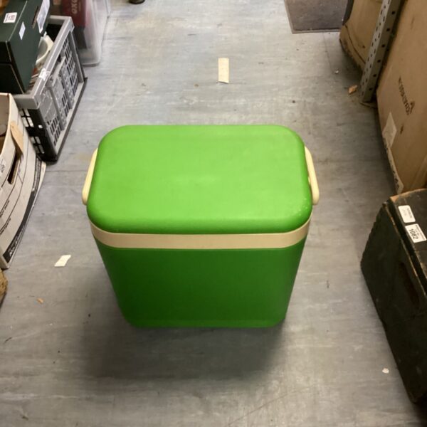 Vintage green Gio-style cooler for picnics and outdoor use.