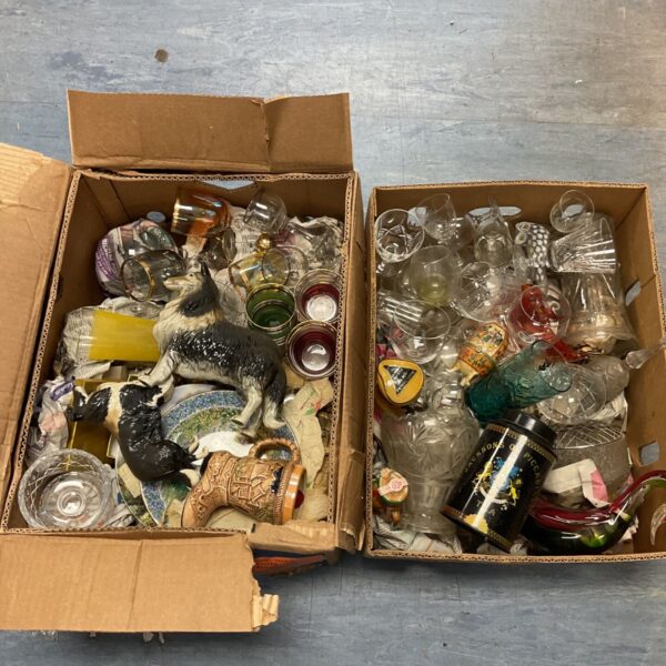 Vintage glassware and porcelain lot including Jackson of Piccadilly jar.