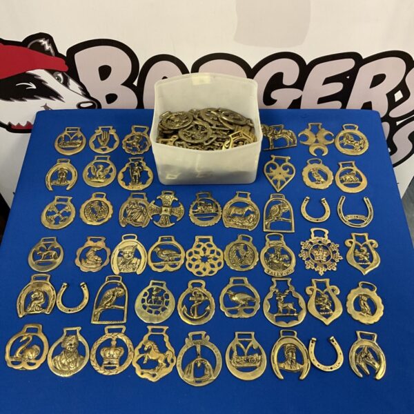 Large collection of vintage horse brasses displayed on a blue surface.