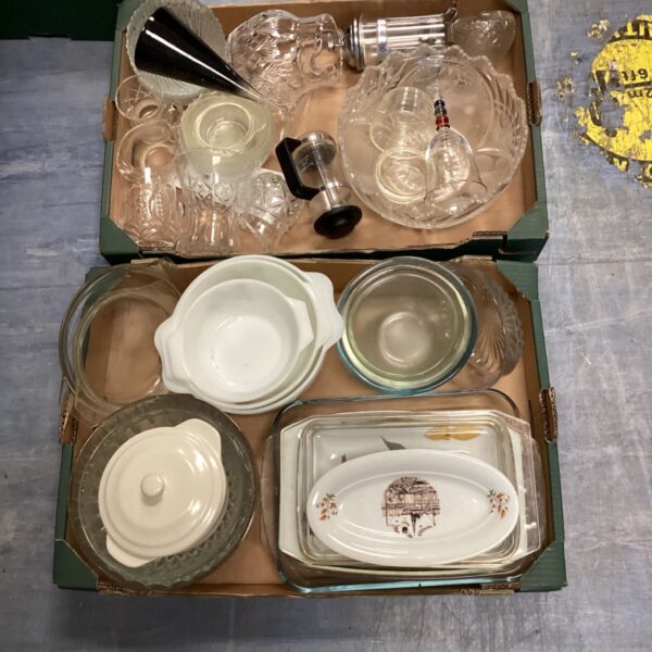 Vintage kitchenware lot with Pyrex bowls and glass punch bowl.