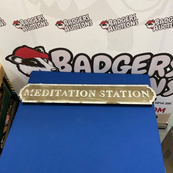 Vintage meditation station sign for wall decor.