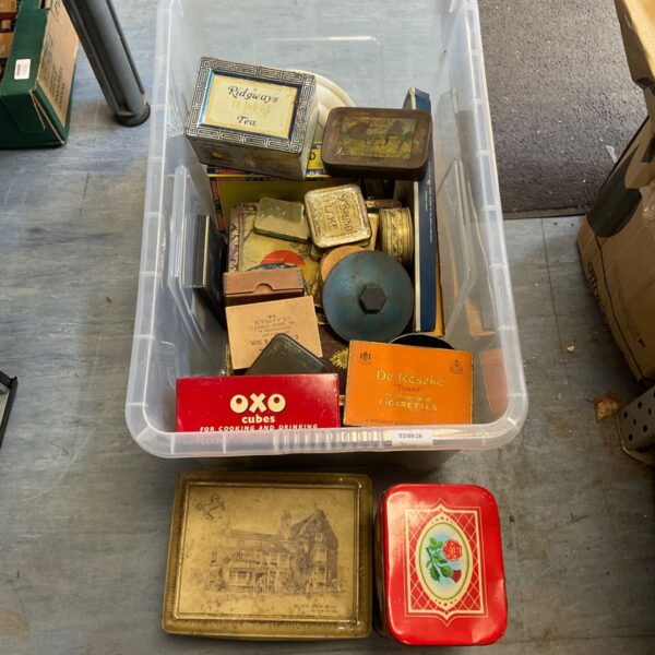 Vintage metal storage boxes including OXO and Ridgways Tea tins.