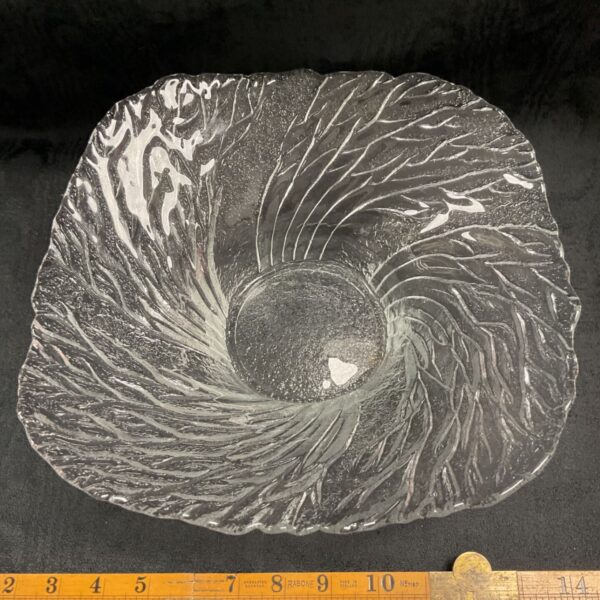 Vintage Metsa glass bowl with textured surface and spiral design.