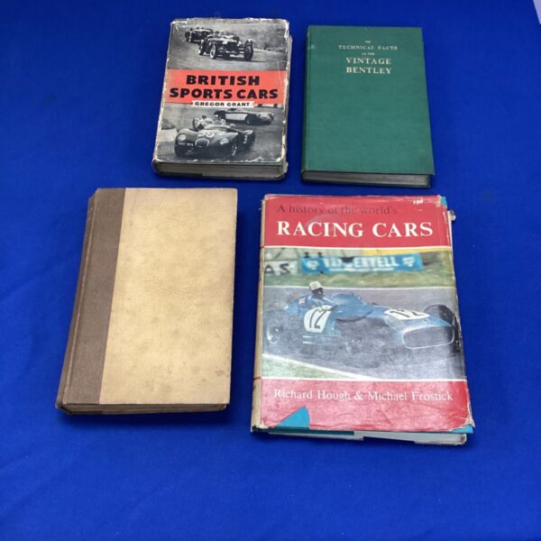 Vintage motorsport books collection including a Bentley technical guide.