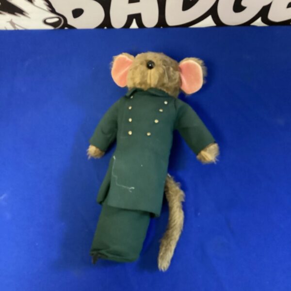 Vintage mouse door stop in a green suit, whimsical home decor.